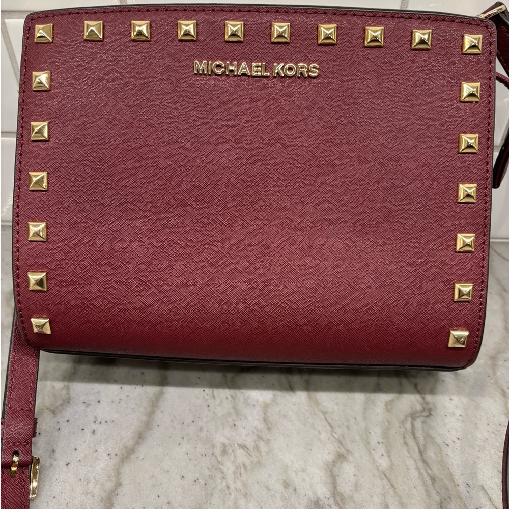 KORS Michael Kors Burgundy Crossbody Bag with Gold Studs